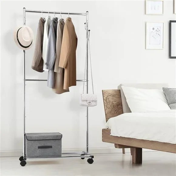 Simple Trending Double Rod Clothes Garment Rack, 4 Hooks